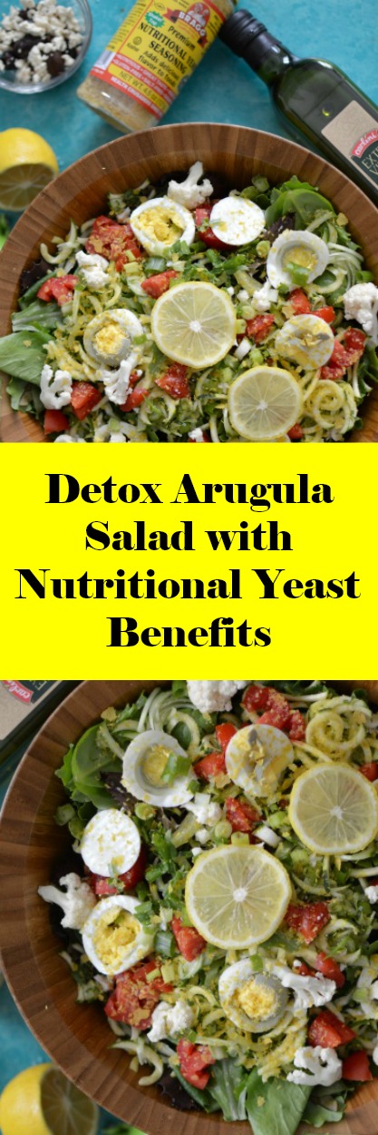 You're going to love the benefits of this Detox Arugula Salad with Nutritional Yeast Benefits. Nutritional Yeast seasoning has powerful health benefits that you can reap just simply by adding them on top of salads and in place of cheese! Once you become acquainted with making big batches of salad you will actually be surprised how easy it is to meal prep for the week.